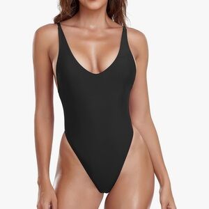 Relleciga Women's One Piece Thong Swimsuit Black Swimwear R2051-800 Size Medium